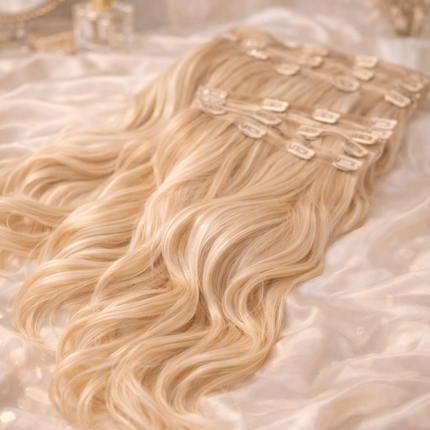 Blonde clip-in hair extensions with soft waves displayed on satin background, showcasing length, volume and shine – KissICON hair extensions collection