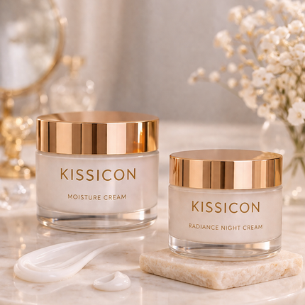Luxury face moisturisers with gold lids on marble surface, showcasing hydration and glowing skin in a soft premium setting – KissICON moisturiser collection