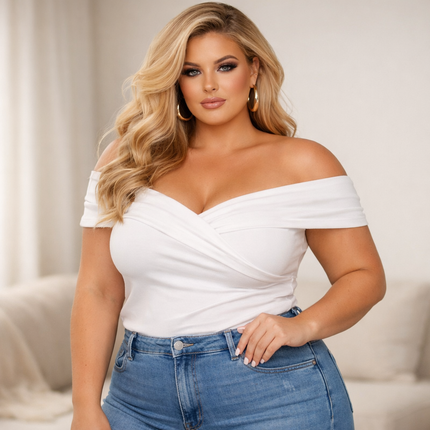 Plus size off-shoulder bardot top on blonde model – KissICON collection