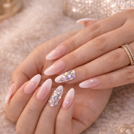 Glossy pink ombre acrylic nails with rhinestone detail on long almond shaped manicure, styled in a soft luxury setting – KissICON nails collection