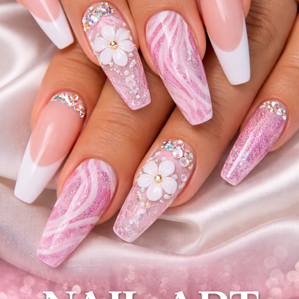 Close up of hands with pink glitter nail art and floral nail design on long nails