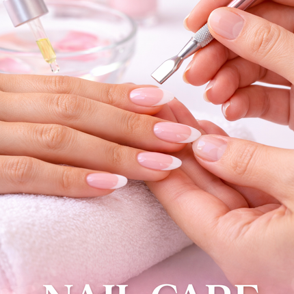 Close up of hands receiving nail care treatment with cuticle oil and manicure tools