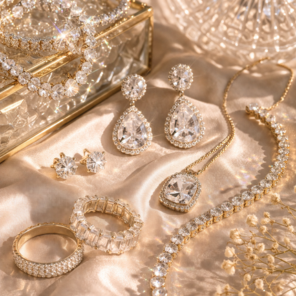 Sparkly gold and diamond jewellery set including earrings, necklace, bracelet and rings displayed on satin background with luxury lighting – KissICON jewellery collection