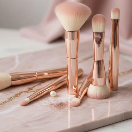 Luxury makeup brushes set with soft bristles and gold detailing displayed on marble tray in elegant setting – KissICON makeup brushes collection