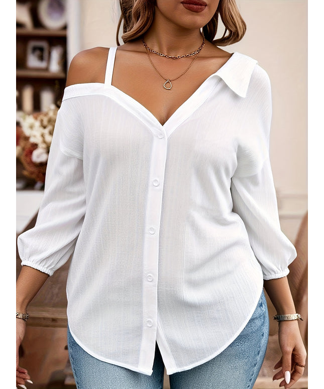 Plus Size, 2025 Autumn New Arrival Oversized Women's Loose Drop Shoulder Asymmetrical Neckline Solid White Casual Shirt, Style Top for Daily Wear and Festive Occasions