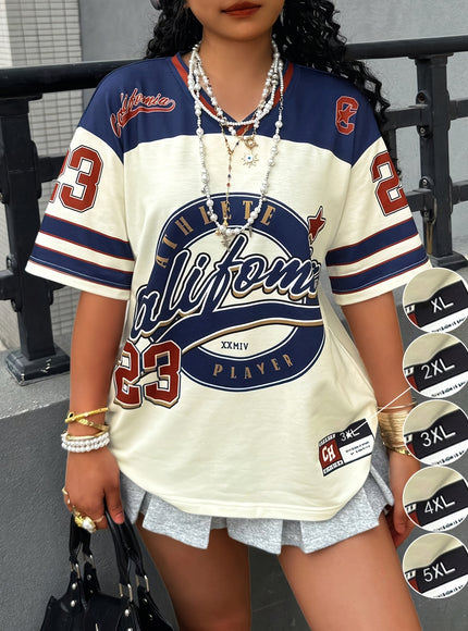 Plus Size - Plus Size Fashionable Gentleman'S Trendy! American Letter T-Shirt, White and Blue Eye-Catching, Slogans and Numbers, Leading Street Trend