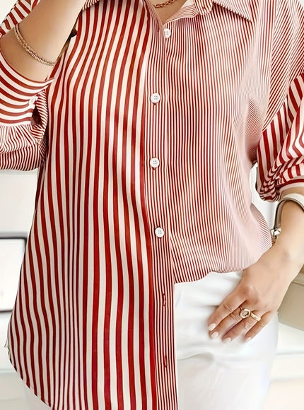 Plus Size - Women'S Red & White Striped Button-Up Shirt - Long Sleeve, Collared, Lightweight Polyester, Perfect for Spring/Fall Casual Wear, Spring Fashion | Classic Collar | Glossy Texture, Ladies Shirts