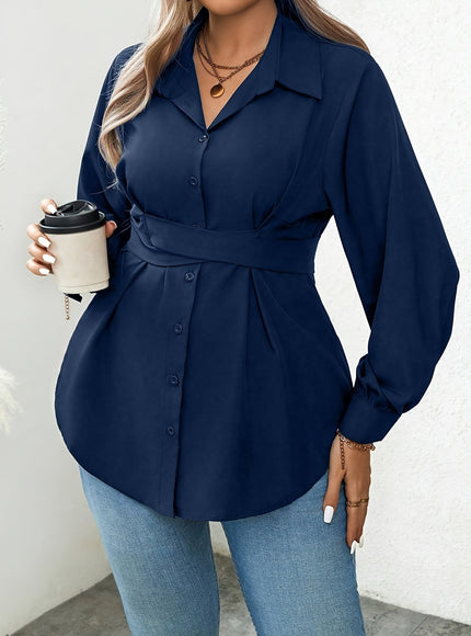 Women'S Elegant Solid Color Shirt with Belt, Polyester 100% Long Sleeve Raglan Sleeve, All-Season H-Fit with Lapel Collar, Button Placket, Regular Length - Woven Fabric 113 gsm