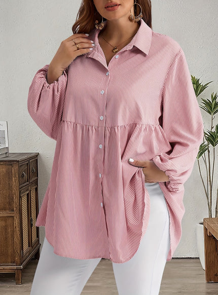 Plus Size, Women's Plus Size Oversized White & Green Horizontal Striped Button- Shirt Jacket-like Blouse - Short Sleeve-like Collar, Wrinkle-Resistant (Machine Washable) H-Line Fit for Year-Round Casual & Dressy Wear (No)