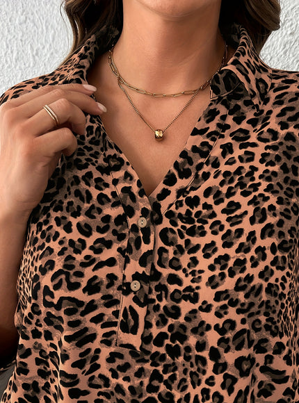 Plus Size - Women'S Elegant Leopard Print Long Sleeve Blouse - Lightweight, Button-Up Shirt with Lapel Collar, Non-Stretch Fabric, Perfect for All Seasons, Casual to Formal Wear, Casual Chic Wear | Elegant Casualwear | Nonstr