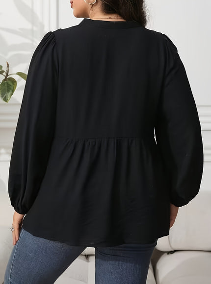 Plus Size, Women's Plus Size Blouse - Elegant Black & Floral-like Pattern, Loose Fit Maxi Shirt with Lantern Sleeves for Formal/Casual Events - Machine Washable Non-See-Through Blouse - Curvy Women's Tops, Versatile Top, Embr