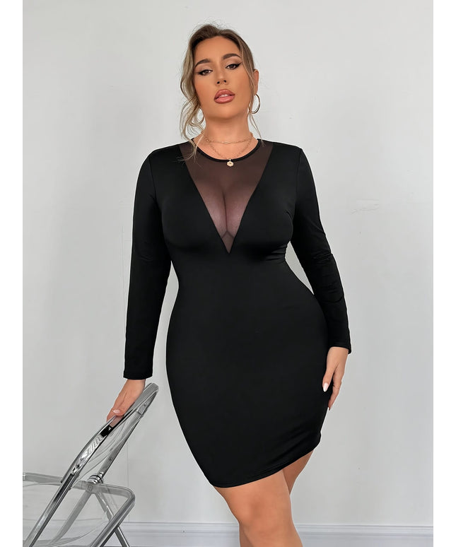 jkthpu-45 Elegant Burgundy VNeck Plus Size Bodycon Mini Party Dress