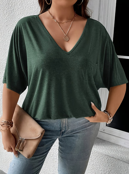 Plus Size, Plus Size Women's 2pcs Set Deep V Neck Solid Color Pocket Patch T-Shirt