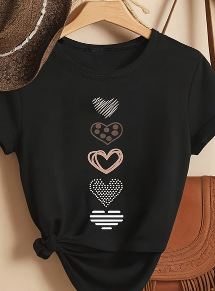 Plus Size, Women's Plus Size Casual T-Shirt - Stretchy Everyday Top with Heart Patterns (White/rose Golden/Print) - Machine Washable Round Neck Shirt for Women - Non-See-Through Fabric for Spring, Summer, Fall Outfits, Ladies