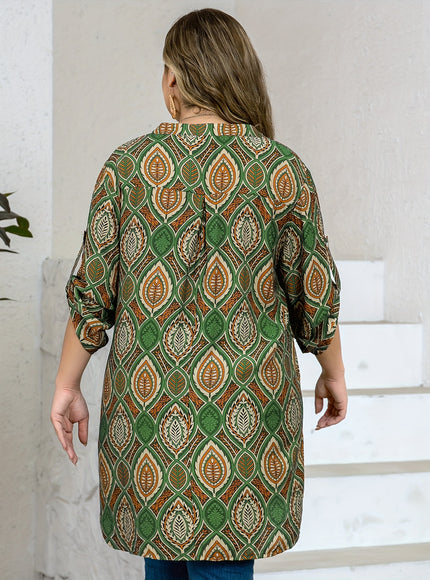 Plus Size - Women'S Plus Size Tropical Print V-Neck Blouse - Elegant Loose Fit Long Shirt with Adjustable Three-Quarter Sleeves, Half Placket & Button Front, Comfortable Casual Top for Casual Attire, Casual Attire Blouse | Vn