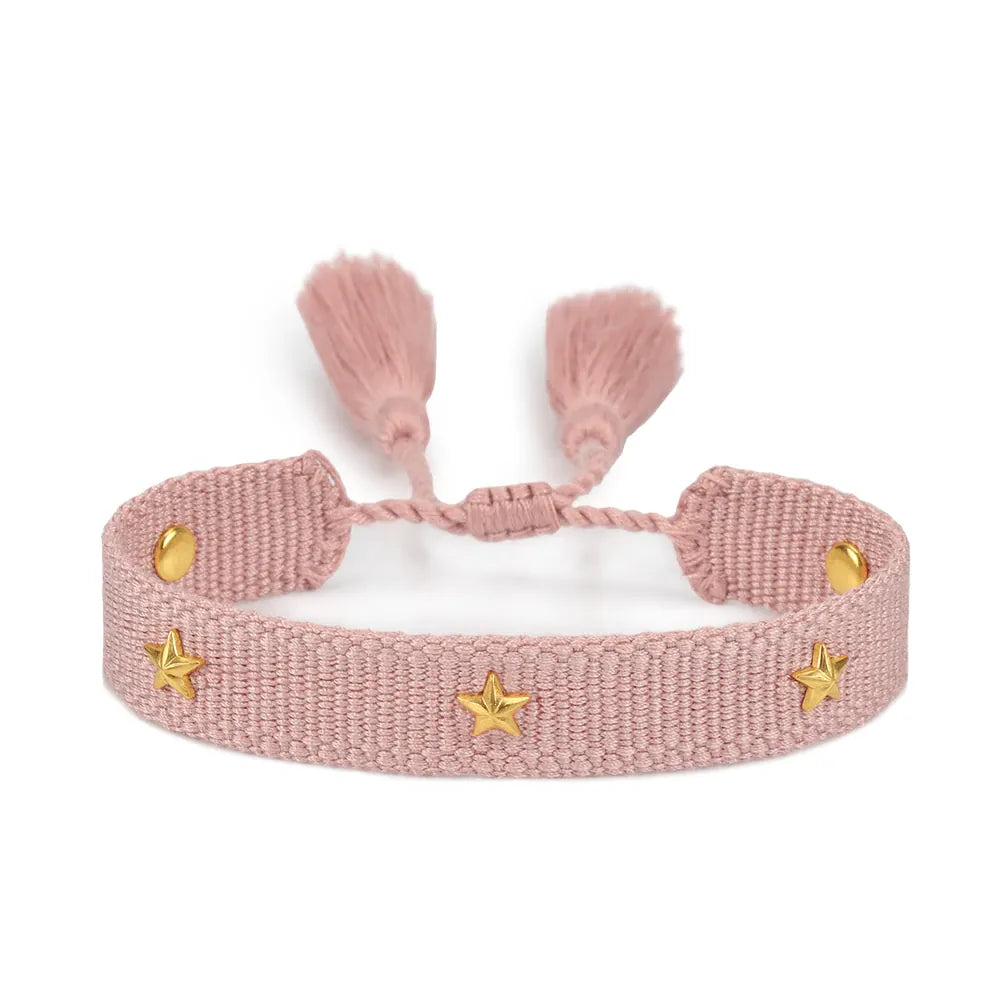 KissICON 04 pink Rhinestone Embroidery Woven Bracelets Adjustable Rope Stackable Bangle For Women