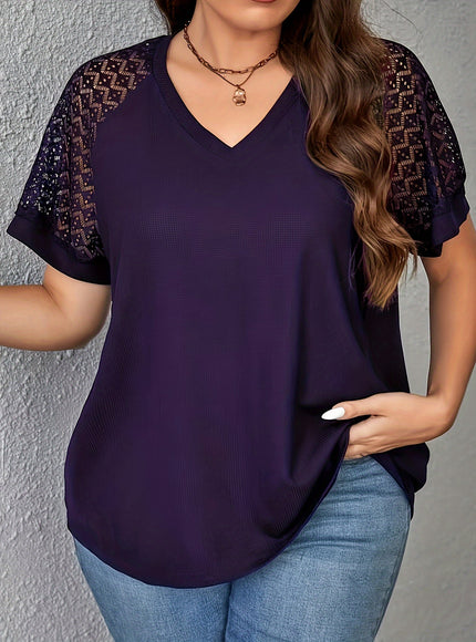 Purple Short Sleeve Elegant V-Neck Women's Plus Size T-Shirt - Contrast Lace Detail, Polyester Knit Fabric, 180gsm - Casual Top for Spring/Summer with Black Text "HANDMADE