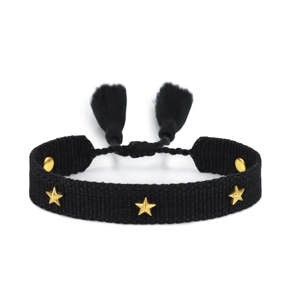 KissICON 05 black Rhinestone Embroidery Woven Bracelets Adjustable Rope Stackable Bangle For Women