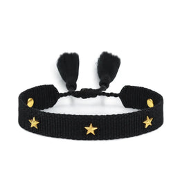 KissICON 05 black Rhinestone Embroidery Woven Bracelets Adjustable Rope Stackable Bangle For Women