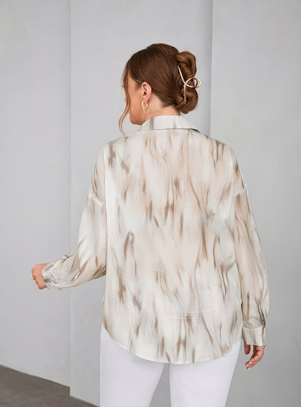 Plus Size - Women'S Tie-Dye Off-Shoulder Blouse - Lightweight Viscose Fabric, Long Sleeve, Button-Up Shirt with Lapel Collar, Perfect for Spring/Summer/Fall, Casual to Formal Wear, Casual Summer Top | Casual Style | Viscose F