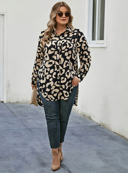 Plus Size, Women's Plus Size Blouse - Long Sleeve Button-up Shirt with Classic Collar, Black & Beige Animal Print for Fall/Spring - Office, Party, Everyday Chic Outfits - Machine Washable Non-See-Through Fabric