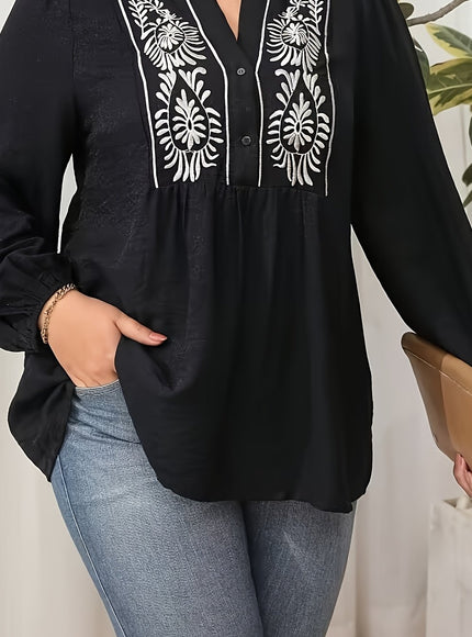 Plus Size, Women's Plus Size Blouse - Elegant Black & Floral-like Pattern, Loose Fit Maxi Shirt with Lantern Sleeves for Formal/Casual Events - Machine Washable Non-See-Through Blouse - Curvy Women's Tops, Versatile Top, Embr