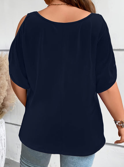 Plus Size Solid Cold Shoulder Women's Casual Crew Neck Short Sleeve T-Shirt