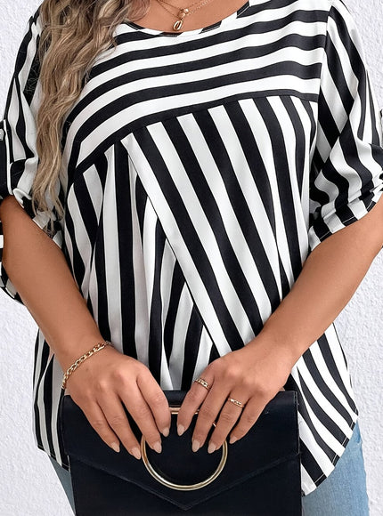 Elegant Plus Size Stripe Print Blouse - 100% Polyester Crew Neck Top, Oversized Non-Stretch Woven Shirt for All Seasons
