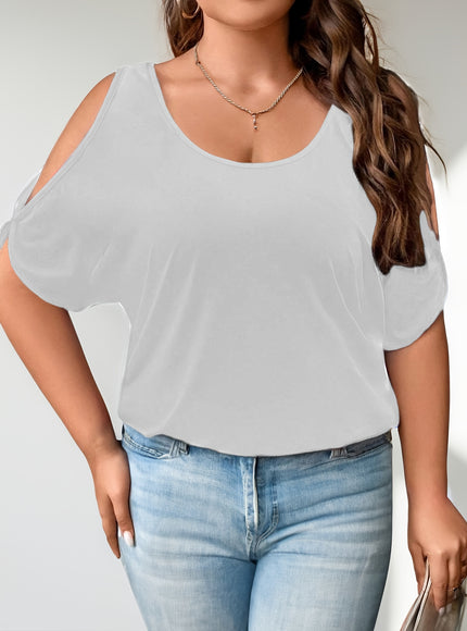 Plus Size Solid Cold Shoulder Women's Casual Crew Neck Short Sleeve T-Shirt