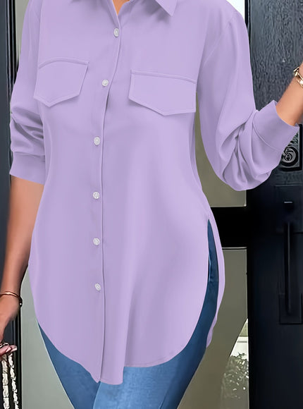 Plus Size Chic Blouse with Flowy Curved Hem - Fashionable Button Front & Classic Collar - Perfect Casual Wear for Spring - Womens Plus Size Clothing