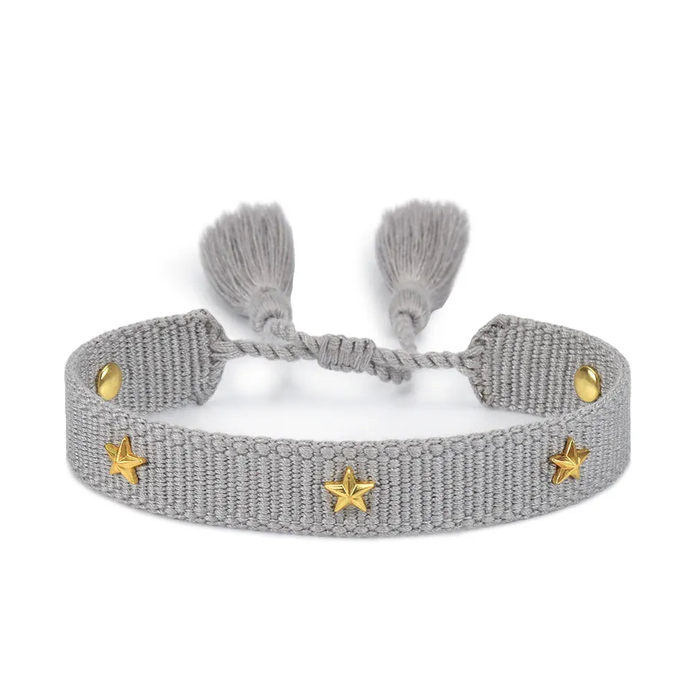 KissICON 09 grey Rhinestone Embroidery Woven Bracelets Adjustable Rope Stackable Bangle For Women