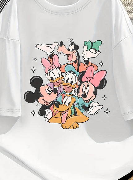 Disney Official Women's Summer New Arrival Oversized Fashionable Mickey Mouse & Friends Cartoon Print Casual Round Neck T-Shirt, Machine Washable Loose Fit Fun Design Comfort Fabric for Home and Outing Wear