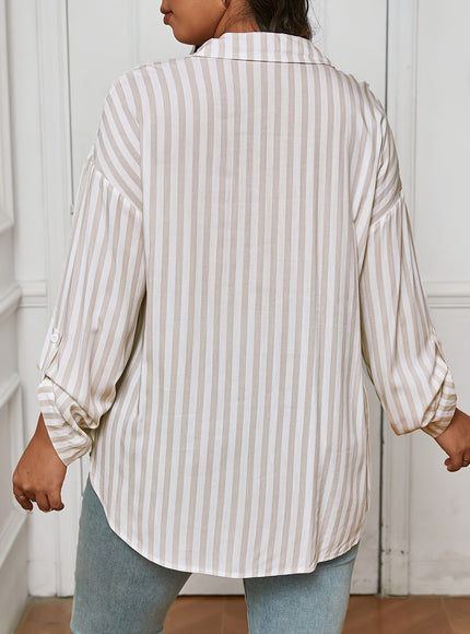 Plus Size - Plus Size - Plus Size - Elegant Plus Size Striped Long Sleeve Shirt - Chic Button-Up with Asymmetrical Hem, Drop Shoulder Design, and Ruffled Cuffs for Women, Perfect for Spring and Fall Casual Wear, Casual Wear S