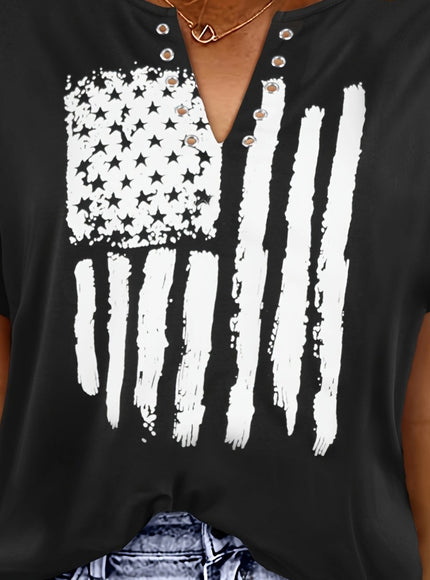 Plus Size Casual T-shirt, Women's Plus Flag Print Grommet Short Sleeve Notched Neck Medium Stretch T-shirt