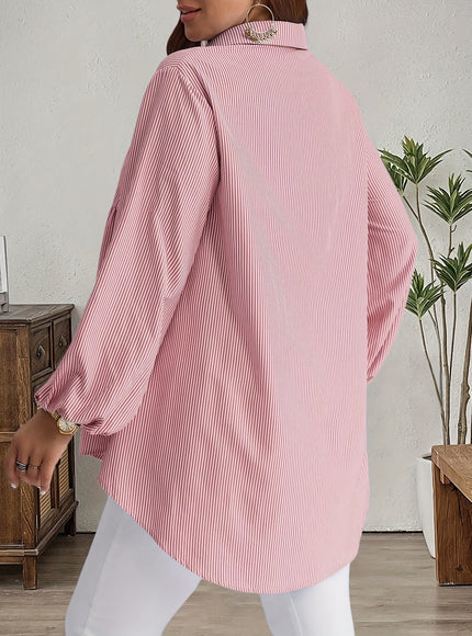Plus Size, Women's Plus Size Oversized White & Green Horizontal Striped Button- Shirt Jacket-like Blouse - Short Sleeve-like Collar, Wrinkle-Resistant (Machine Washable) H-Line Fit for Year-Round Casual & Dressy Wear (No)