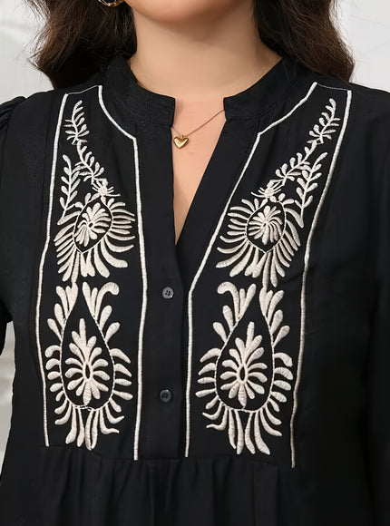 Plus Size, Women's Plus Size Blouse - Elegant Black & Floral-like Pattern, Loose Fit Maxi Shirt with Lantern Sleeves for Formal/Casual Events - Machine Washable Non-See-Through Blouse - Curvy Women's Tops, Versatile Top, Embr