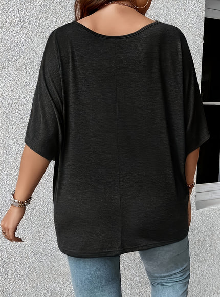 Plus Size, Plus Size Women's 2pcs Set Deep V Neck Solid Color Pocket Patch T-Shirt