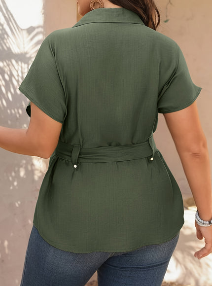 Women'S Elegant Olive Green Short Sleeve Shirt with Pockets - Casual Button-Up Blouse with Bow Detail, Perfect for All Seasons, Casual Attire|Elegant Lapel Shirt|Nonstretch Fabric