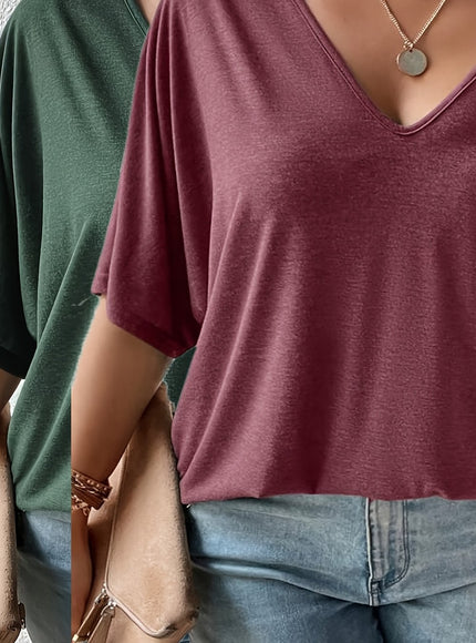 Plus Size, Plus Size Women's 2pcs Set Deep V Neck Solid Color Pocket Patch T-Shirt