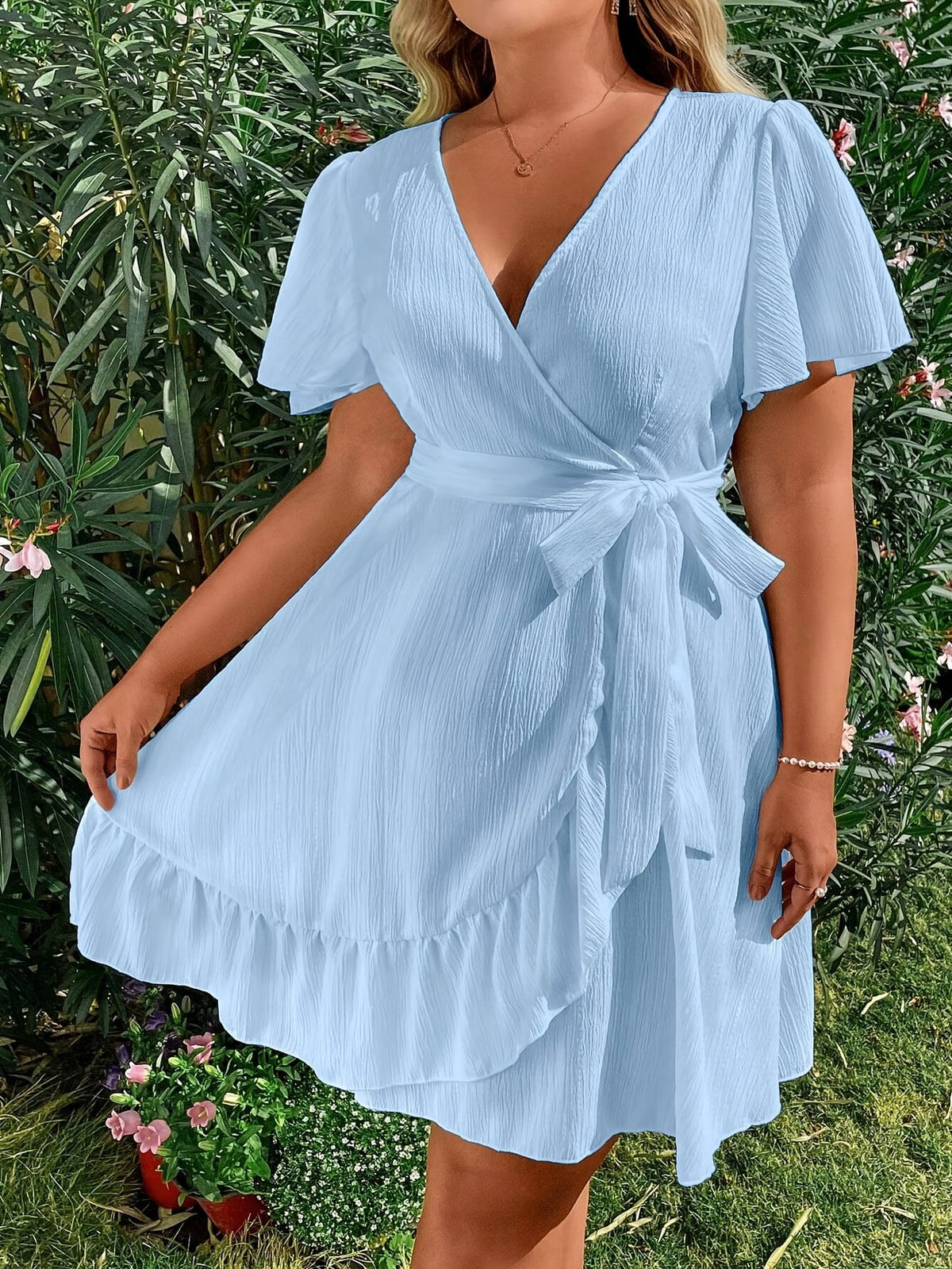 jkthpu-45 Plus Size, Plus Size Women's A-Line Dress - V-Neck Short Sleeve Cross-Over Beach Dress with Ruffled Hem & Smock Waist, Flared for Resort Wear, Vacation Outfits, Casual to Dressy Events (Machine Washable) - All-Season Blue Dress