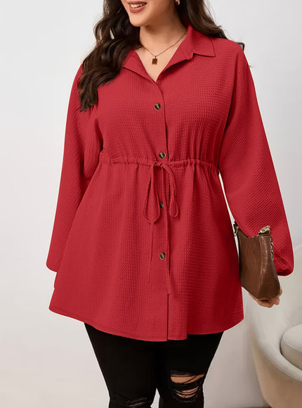 Plus Size - Plus Size, Women'S Elegant Long Sleeve Blouse - Button-Front Shirt with Drawstring Waist, Non-See-Through Fabric for Fall/Winter, Office, Party, Everyday Outfits - Women'S Formal & Casual Tops, Winter Wardrobe, Cl