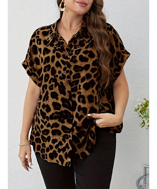 Plus Size, Women's Oversized Plus Size Leopard Print Blouse - Elegant Collar Button-Front Shirt with Black & Brown Spots, Structured Loose Fit Tunic Top for Spring/Fall/Summer, Casual & Formal Events, Machine Washable, Stylis