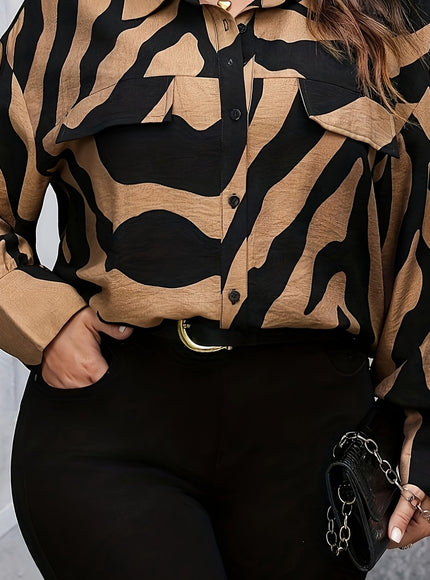 Plus Size, Plus Size Women's Elegant Loose-Fit Long Sleeve Shirt with Drop Shoulder & Random Print - Machine Washable Non-See-Through Top for All Seasons, Ladies Long Sleeve Tops, Relaxed Fit Clothing, Casual Wear, Smooth Tex