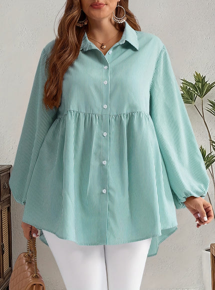 Plus Size, Women's Plus Size Oversized White & Green Horizontal Striped Button- Shirt Jacket-like Blouse - Short Sleeve-like Collar, Wrinkle-Resistant (Machine Washable) H-Line Fit for Year-Round Casual & Dressy Wear (No)