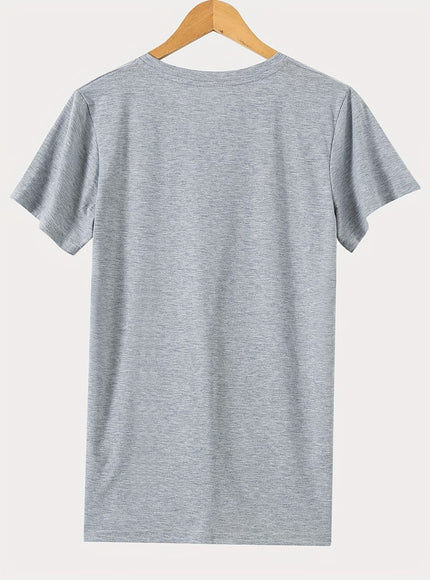 Plus Size Women's V Neck Short Sleeve T-shirt, Dandelion & Slogan Print Slight Stretch Casual