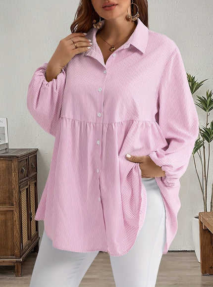 Plus Size, Women's Plus Size Oversized White & Green Horizontal Striped Button- Shirt Jacket-like Blouse - Short Sleeve-like Collar, Wrinkle-Resistant (Machine Washable) H-Line Fit for Year-Round Casual & Dressy Wear (No)