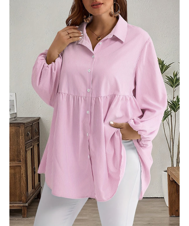 Plus Size, Women's Plus Size Oversized White & Green Horizontal Striped Button- Shirt Jacket-like Blouse - Short Sleeve-like Collar, Wrinkle-Resistant (Machine Washable) H-Line Fit for Year-Round Casual & Dressy Wear (No)