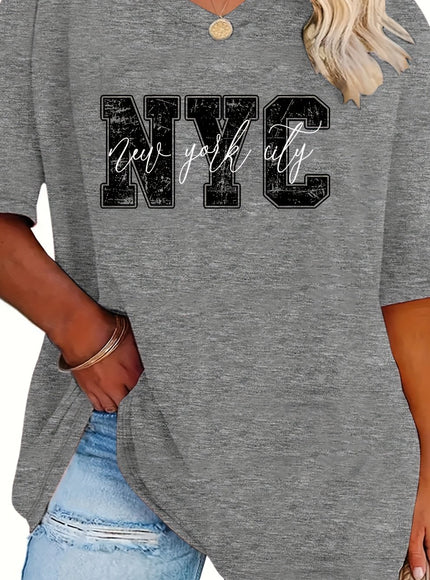 Plus Size - Women'S Plus Size NYC Graphic Tee - Casual V-Neck, Short Sleeve, Stretchy Rayon Blend, Black with White Lettering, Perfect for Spring, Summer & Fall, Everyday Tshirt|Vneck Top|Comfortable Fit