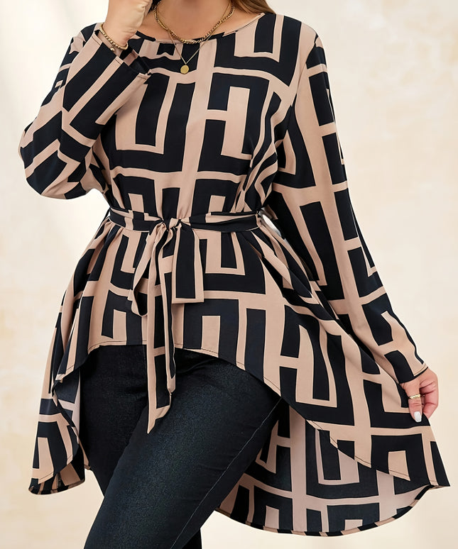 Plus Size, Women's Plus Size Elegant Asymmetrical Hem Blouse - Long Sleeve Round Neck Smock Top with Tie-Front Closure, All-Season Casual to Formal Wear, Beige & Black Abstract Print, Machine Washable (Brown/Beige/Black) - La