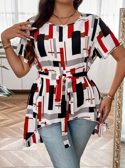 Plus Size Plaid Print Blouse, Casual Irregular Hem Crew Neck Short Sleeve Blouse, Women's Plus Size Clothing